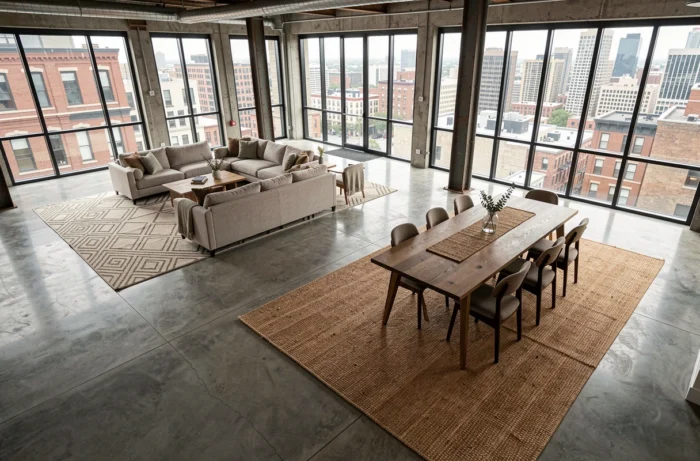 Zonage par tapis dans un grand espace loft ouvert avec tapis géométrique et tapis en jute définissant deux zones distinctes